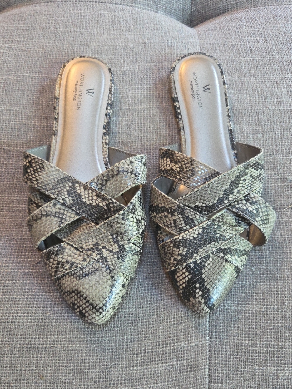 Worthington Women's Snake-Print Slip-On Mules in Beige and Black